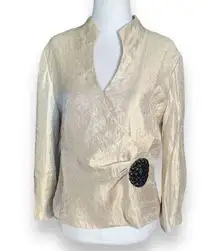 Vintage Dress Barn Collarless Blazer Top Gold Metallic Black Brooch Ruched 10