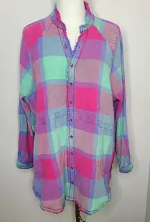 We The Free People Pink Plaid Button Down Shirt Oversized Boho‎ Size S