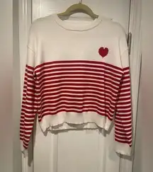 NWT Willow & Wind Size L Red Ivory Stripe Heart Knit Crew Neck Pullover Sweater