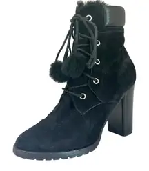 Jimmy Choo Elba 95 Black Suede Fur Pom Pom Lace-Up Boots Size IT 37 US 7