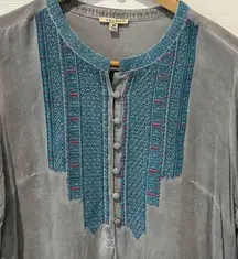 Anama Dress Lightweight Tunic Grey Turquoise Embroidery long Sleeve Size Medium