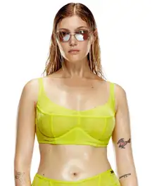 DIESEL X SAVAGE X FENTY Neon Yellow Suspender Bustier Bra in Foiled Fishnet