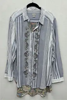 Chico's Women's Size 4 (20/22) Striped Embroidered Paisley Button Down Shirt