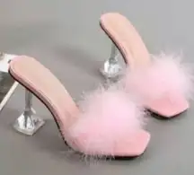 Pink Fluffy Feather PVC Stilletto Mule Heels Size 39
