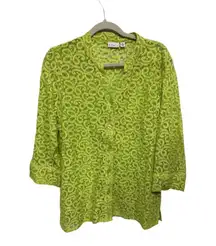 Neon Green Yellow Lace Button Up Coverup Long Sleeve Formal Size XL Business
