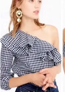 NWT J,Crew Gingham Plaid Ruffle Top One‎ Shoulder Navy 6P