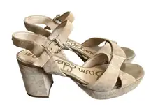 Sam Edelman Leather Suede Beige Cream Strappy Slingback Block Heels‎ Size 9