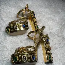 Luxury Rhinestone Metallic Gold Leather Sandals Chunky High Heel Platform Strappy Sandals. Size 38