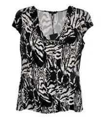 Milano Top Blouse Black & White Cowl Neck Cap Sleeve Top Size Medium NEW