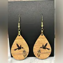 Hummingbird Burnt Wood Look Teardrop Pierced Earrings New