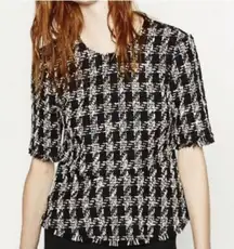 Zara Black White Houndstooth Tweed 3/4 Sleeve Blouse Top Medium