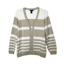 Lane Bryant V- Neck Zip Front Sweater Casual Tan & White Stripes Sz 22/24 Rayon