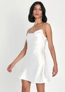 LULU’S Rare Sparkle White Satin Rhinestone Strap Mini Dress