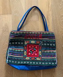 Source Unknown Black and Blue Patterned Tote Jerusalem embroidered