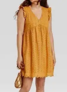 Knox Rose  mustard yellow babydoll cottage Eyelet ruffle sleeveless mini dress XS