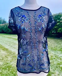 White House Black Market Black Mesh and Blue Floral Embroidered Short Sleeve Top