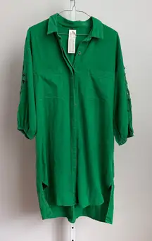 YFB Young Fabulous & Broke Green Embroidered‎ Sleeve Button Down Dress XS