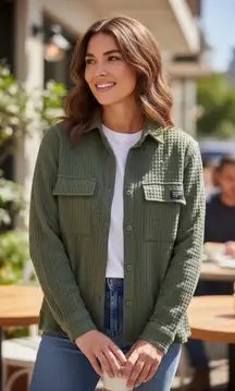 DRL Essentials Waffle Knit Button Down Shirt Jacket Deep Green Size Medium