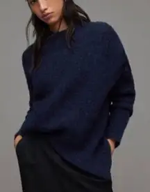 ALLSAINTS WOMENS SELENA MIX STITCH ASSYMETRIC ALPACA SWEATER NAVY BLUE MEDIUM