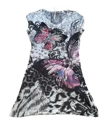 Y2k Vintage Long T-Shirt Mini Dress Bedazzled Butterfly Graphic Tattoo Size L