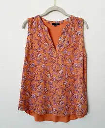 [Papermoon] Orange Floral Print Sleeveless Chiffon Blouse Work Top Size Medium M