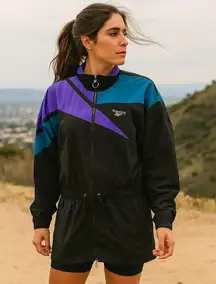 Vtg 90s Reebok Long Windbreaker Jacket Women Sz M Cinch Waist Swishy Nylon Zip