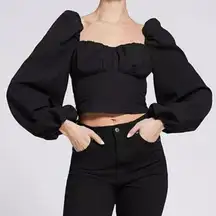 & Other Stories Crop Fitted Smocked Corset Puff Balloon Long Sleeve Top Black 2