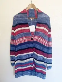 J. Jill Red Blue White Striped Knit Cotton Linen Blend Duster Button Cardigan
