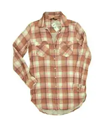 Pink Plaid Button Up Long Sleeve Shirt Size XS Womens Tunic White NWT