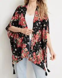 Maurices Womens One Size Fits All Floral Tassel Flowy Kimono Sweater Boho Hippie