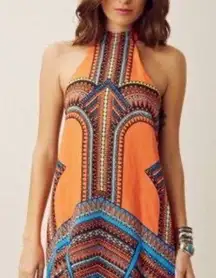 Vanji Tribal Tunic Halter Mini Dress in Orange Aztec Patterned Size XS