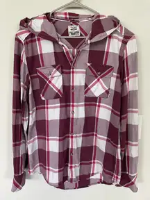 Aritzia TNA Women Boyfriend Fit Plaid Hooded Flannel Shirt Size XS 100% Cotton