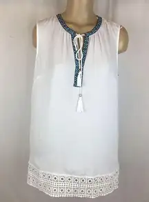 Daniel Rainn White Sleeveless Boho Embroidered Peasant Tank Top L NEW