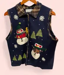 Vintage 80s-90s Belle Pointe navy plaid sweater vest ugly holiday pom pom snow