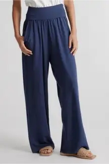 Quince French Terry Modal Wide Leg Pants Navy Blue Fold over Waistband Flowy S