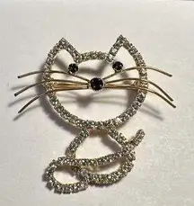 Gold Tone Kitty Cat Prong Set Clear Rhinestone Black Eyes Brooch Pin