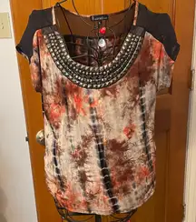 🥦🥦🥦BOGOHO 🥦Sig. Studio Black and Brown Tie-Dye Blouse with Beaded Neckline-Small