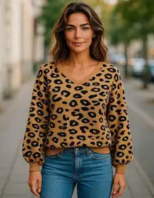 Philosophy Womens Sweater Sz M Leopard Cheetah Print Brown Black
