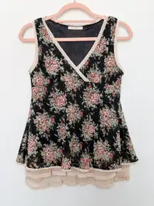 Y2K Pianissimo‎ Floral Mesh Lace Babydoll Top Black Size M Cottage Fairy Grunge