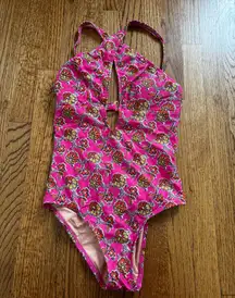 J CREW Pink and Orange Floral One Piece Swimsuit, with Low Cut and Modest Bottoms Size 6