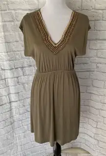 women M short sleeve beaded v-neck dress w/elastic waist khaki