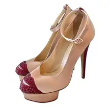 Charlotte Olympia Pink Silk Maroon Rhinestones Kiss Ankle Strap Heels Shoes 6.5