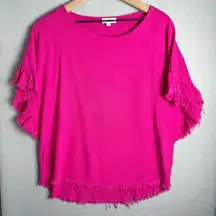 Umgee Women’s Made in USA 100% Linen Ruffle Sleeve Frayed Hem Blouse Pink Size M