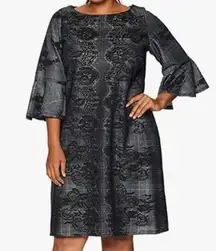 Gabby Skye Black Texture Lace Round Neck Knee Length Dress 1/2 Bell Sleeves 14