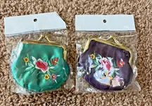 Lot Bundle Pair Floral Flower Embroidered Coin Purse Pouch NEW Stocking Stuffers
