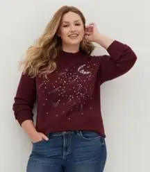Torrid Burgundy Maroon Silver Sequin Moon Mock Neck Sweater 1X