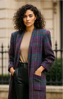 Escada Vintage 80's Wool Plaid Oversized Jacket with Shoulder Pads Size 34 Used