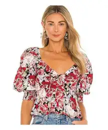 MINKPINK Kind Words Large Multi Red Rose Floral Romantic Crop Puff Sleeve Blouse