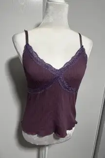 Gypsy + Jolie Plum‎ Maroon Purple Ribbed Lace Trim Cami Tank Top Women's L / XL