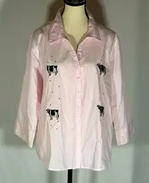 Casual Kiss Button Up Blouse Embroidered Cows Women’s Size XL FFA Fair Farmer
